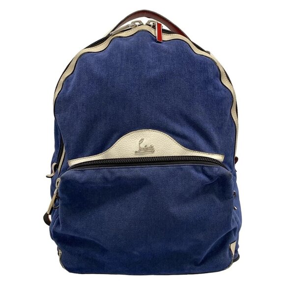 Auth CHRISTIAN LOUBOUTIN Buckle Ruby Navy Cream Red Velour Leather Backpack - Picture 1 of 16